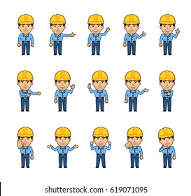Set of workman characters showing various hand gestures. Funny worker pointing, greeting, waving, showing thumb up, victory, stop sign and other hand gestures. Simple style vector illustration