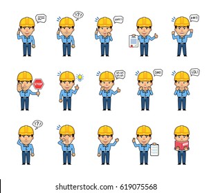 Set of workman characters showing various actions, emotions. Funny worker talking on phone, reading a book, laughing, crying, angry, thinking and doing other actions. Simple vector illustration