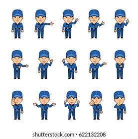 Set of workman characters showing various hand gestures. Funny worker pointing, greeting, showing thumb up, victory, stop sign and other hand gestures. Simple vector illustration