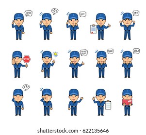 Set of workman characters showing various actions, emotions. Funny worker talking on phone, thinking, surprised, laughing, angry, reading a book and doing other actions. Simple vector illustration