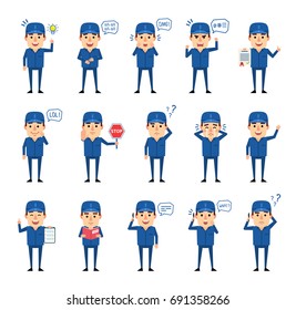 Set of workman characters showing various actions, emotions. Cheerful worker talking on phone, holding stop sign, reading book and showing other actions. Simple vector illustration