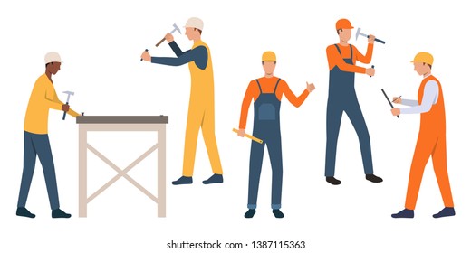 Set of workmen in hardhats. Cartoon male characters using hammers on white backgrounds. Vector illustration can be used for presentation, housing project, renovation