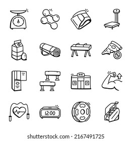 Set of Workout Equipment Hand Drawn Icons 

