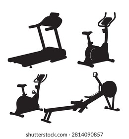 Set of workout gym machines including treadmill exercise stationary bikes and rowing equipment black silhouette design for fitness center promotion active health lifestyle and sports training gear isolated on white background perfect for workout routines wellness program graphics and gym interior.