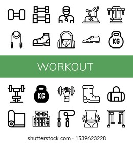 Set of workout icons. Such as Weightlifting, Skipping rope, Shoe, Trainer, Gym bag, Stationary bike, Shoes, Bench press, Kettlebell, Gym, Yoga mat, Dumbbell, Hula hoop , workout icons