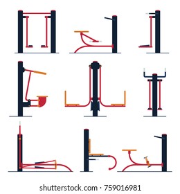 Set Of Workout Street Machine. Constructor Of Sport Area Or City Gym Park. Element And Equipment For Urban Outdoor Training. Vector Flat Style Illustration Isolated On White Background.