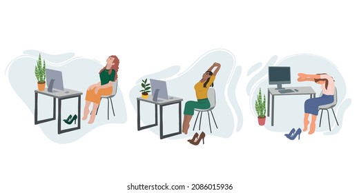 Set. Workout at the table or desk. Woman practicing workout at workplace. 
Office worker and doing exercises. Healthy lifestyle, workout at home. Vector flat illustration.