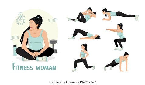 Set of workouts for women. Fitness classes. Lunges, Push-ups, Squats, Plank. Body workout. The concept of an active and healthy life. Vector illustration isolated on white background