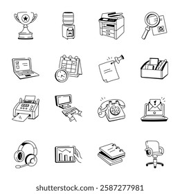 Set of Workplace Doodle Style Icons 
