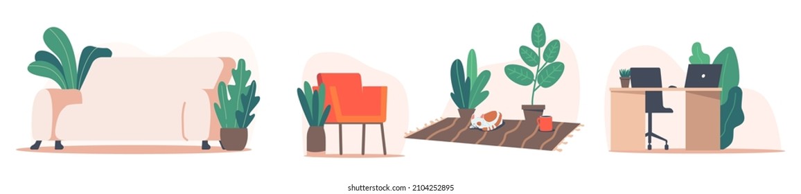 Set Workplace And Home Interior, Empty Work Space Of Business Character Or Freelancer With Office Desk, Computer, Laptop, Sofa, Armchair Potted Plants, Place For Working. Cartoon Vector Illustration