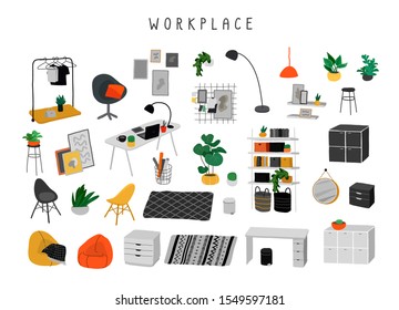 Set for workplace or home office with stylish comfy furniture and modern home decorations in trendy Scandinavian or hygge style. Cozy Interior furnished home plants. Flat cartoon vector illustration