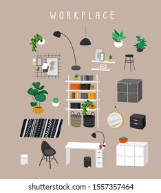 Set for workplace or home office with stylish comfy furniture and modern home decorations in trendy Scandinavian or hygge style. Cozy Interior furnished home plants. Flat cartoon vector illustration