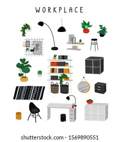 Set for workplace or home office with stylish comfy furniture and modern home decorations in trendy Scandinavian or hygge style. Cozy Interior furnished home plants. Flat cartoon vector illustration