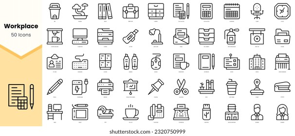 Set von Arbeitsplatz-Symbolen. Paket mit einfachen Kunstsymbolen für Linien. Vektorgrafik