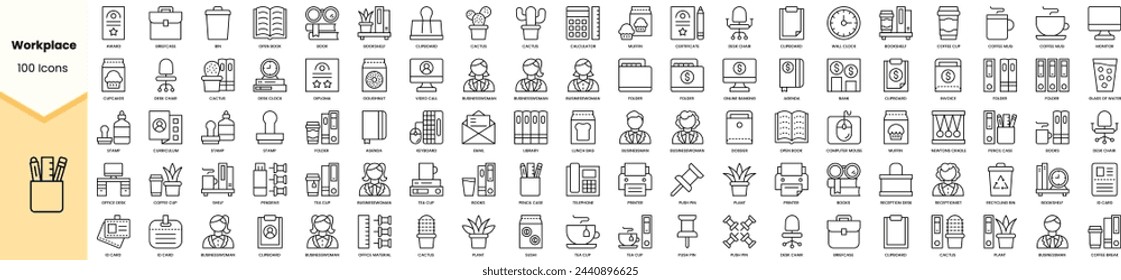 Set of workplace icons. Simple line art style icons pack. Vector illustration