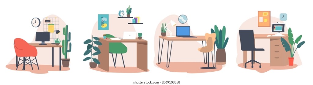 Set Workplace Interior, Empty Work Space of Business Character or Freelancer with Office Desk, Computer, Laptop, Stationery and Potted Plants, Isolated Place for Working. Cartoon Vector Illustration