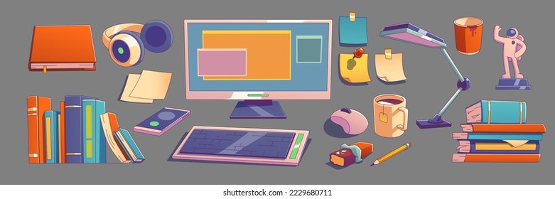 Conjunto de objetos en el lugar de trabajo monitor de computadora, teclado, ratón, smartphone, libros y auriculares. Notas pegajosas, taza de café, lápiz y barra de chocolate, ilustración vectorial lineal de dibujos animados en colores retro