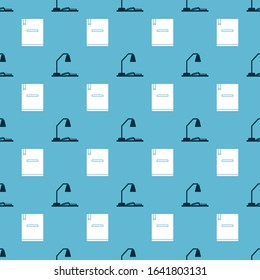 Set Workplace with table lamp and open book and Notebook on seamless pattern. Vector
