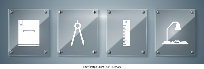 Set Workplace with table lamp and open book, Ruler, Drawing compass and Notebook. Square glass panels. Vector