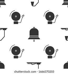 Set Workplace with table lamp and open book, Ringing bell and Ringing alarm bell on seamless pattern. Vector