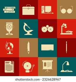 Set Workplace with table lamp and open book, Pencil eraser, Microscope, Computer monitor keyboard mouse, Award cup, Office folders papers documents and Ringing alarm bell icon. Vector