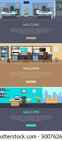 Set of workplace and working break horizontal web banners in flat style. Bright office interior design with modern furniture, plants, racks with documents and ceiling light. Comfortable place for work