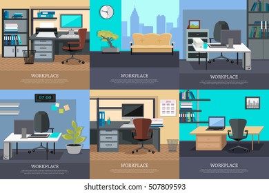 Set of workplace and working break horizontal web banners in flat style. Bright office interior design with modern furniture, plants, racks with documents and ceiling light. Comfortable place for work