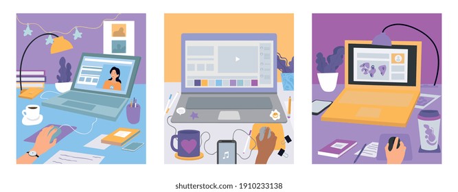 Set of workplaces with laptops on working desks. Virtual chat and video conferencing, online video-sharing app. Web Work and Entertainment concept. Set of isolated cartoon vector illustrations