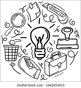 Set of workroom stuff doodle, vector illustration.