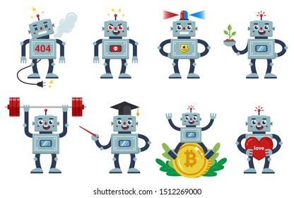 set with works on a white background. different professions and characters of living machines. Angry, kind, loving, working. flat character vector illustration