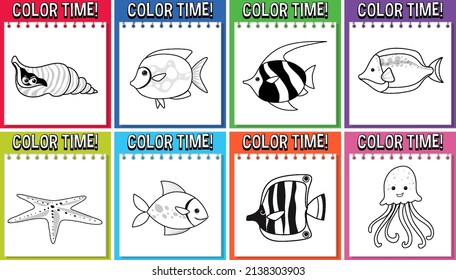 A set Worksheets template and color time text   fish outline illustration