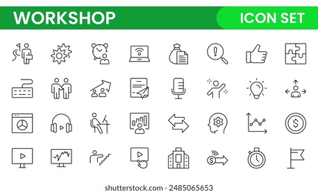Set of Workshop and Coaching line icons. Outline icon collection related to training, coaching, mentoring, education, meetings, conferences, and teamwork.