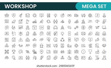 Set of Workshop and Coaching line icons. Outline icon collection related to training, coaching, mentoring, education, meetings, conferences, and teamwork.