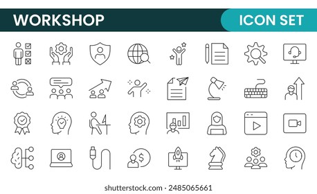 Set of Workshop and Coaching line icons. Outline icon collection related to training, coaching, mentoring, education, meetings, conferences, and teamwork.
