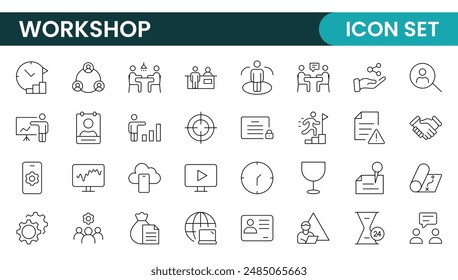 Set of Workshop and Coaching line icons. Outline icon collection related to training, coaching, mentoring, education, meetings, conferences, and teamwork.