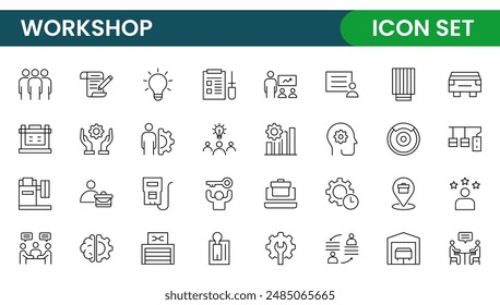Set of Workshop and Coaching line icons. Outline icon collection related to training, coaching, mentoring, education, meetings, conferences, and teamwork.