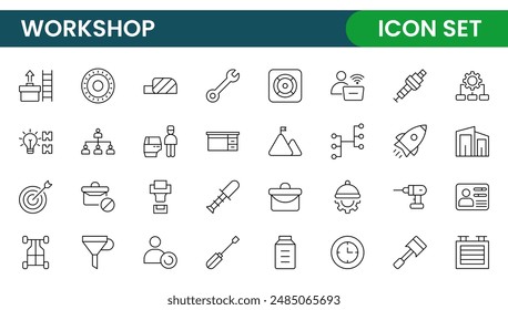 Set of Workshop and Coaching line icons. Outline icon collection related to training, coaching, mentoring, education, meetings, conferences, and teamwork.