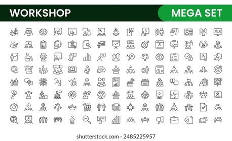 Set of Workshop and Coaching line icons. Outline icon collection related to training, coaching, mentoring, education, meetings, conferences, and teamwork.