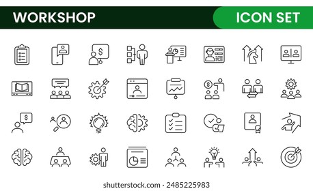 Conjunto de iconos de línea de Taller y Coaching. Esbozar la colección de iconos relacionados con la formación, el coaching, la tutoría, la educación, las reuniones, las conferencias y el trabajo en equipo.