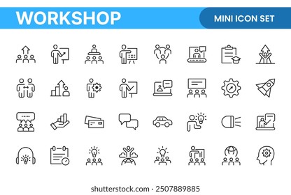 Set of Workshop and Coaching line icons. Outline icon collection related to training, coaching, mentoring, education, meetings, conferences, and teamwork.
