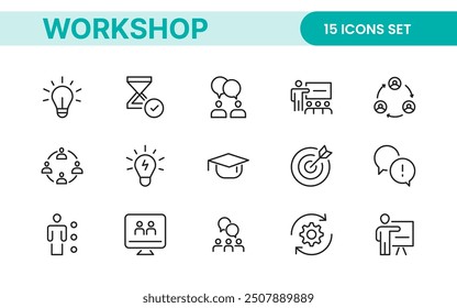 Set of Workshop and Coaching line icons. Outline icon collection related to training, coaching, mentoring, education, meetings, conferences, and teamwork.
