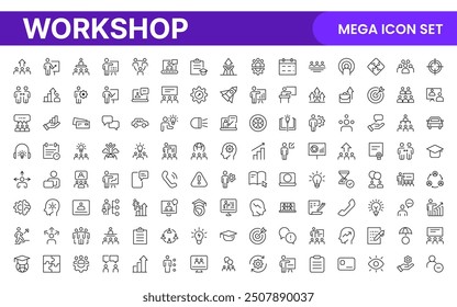 Set of Workshop and Coaching line icons. Outline icon collection related to training, coaching, mentoring, education, meetings, conferences, and teamwork.