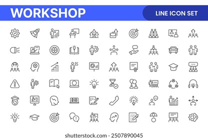 Conjunto de iconos de línea de taller y entrenamiento. Describe la colección de íconos relacionados con la capacitación, el entrenamiento, la tutoría, la educación, las reuniones, las conferencias y el trabajo en equipo.