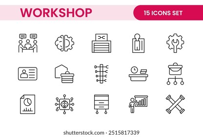Conjunto de ícones de linha de Workshop e Coaching. Coleção de ícones de tópicos relacionados a treinamento, treinamento, mentoreamento, educação, reuniões, conferências e trabalho em equipe.