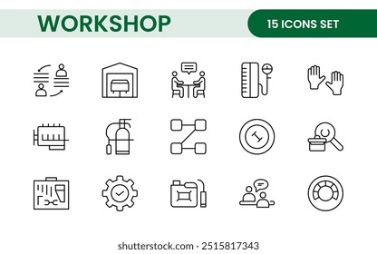 Conjunto de ícones de linha de Workshop e Coaching. Coleção de ícones de tópicos relacionados a treinamento, treinamento, mentoreamento, educação, reuniões, conferências e trabalho em equipe.