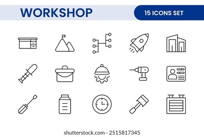Conjunto de iconos de línea de taller y entrenamiento. Describe la colección de íconos relacionados con la capacitación, el entrenamiento, la tutoría, la educación, las reuniones, las conferencias y el trabajo en equipo.