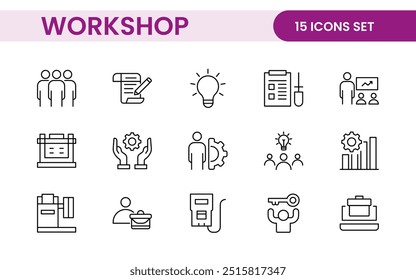Set of Workshop and Coaching line icons. Outline icon collection related to training, coaching, mentoring, education, meetings, conferences, and teamwork.
