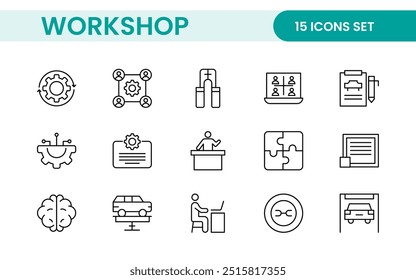 Set of Workshop and Coaching line icons. Outline icon collection related to training, coaching, mentoring, education, meetings, conferences, and teamwork.