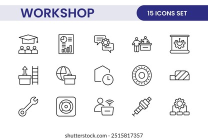 Conjunto de ícones de linha de Workshop e Coaching. Coleção de ícones de tópicos relacionados a treinamento, treinamento, mentoreamento, educação, reuniões, conferências e trabalho em equipe.