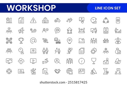 Conjunto de iconos de línea de taller y entrenamiento. Describe la colección de íconos relacionados con la capacitación, el entrenamiento, la tutoría, la educación, las reuniones, las conferencias y el trabajo en equipo.